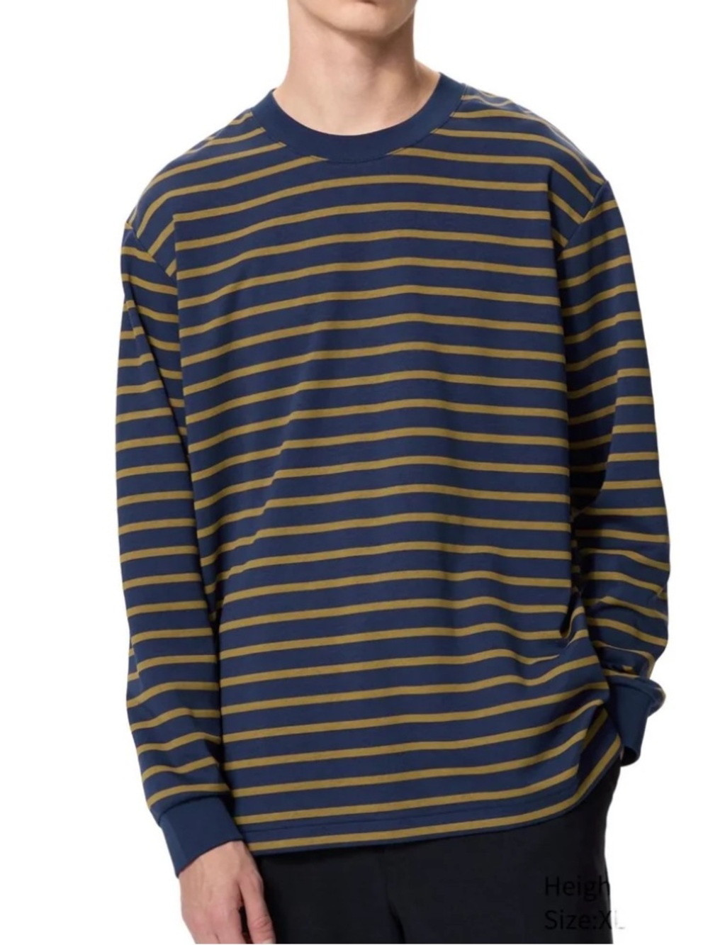 Uniqlo Men's AIRism Cotton Striped Crew Neck T-Shirt Long Sleeve Navy